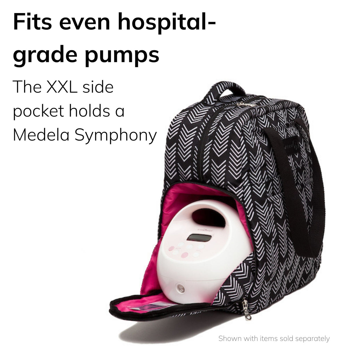 Sarah Wells Kelly pump bag in Black &amp; White with a pump in the large side pocket, headline "Fits even hospital-grade pumps," subhead "The XXL side pocket holds a Medela Symphony"