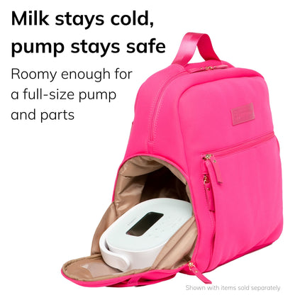 Sarah Wells Fiona pump backpack in hot pink with the side pump pocket open and a pump inside, headline "Milk stays cold, pump stays safe"