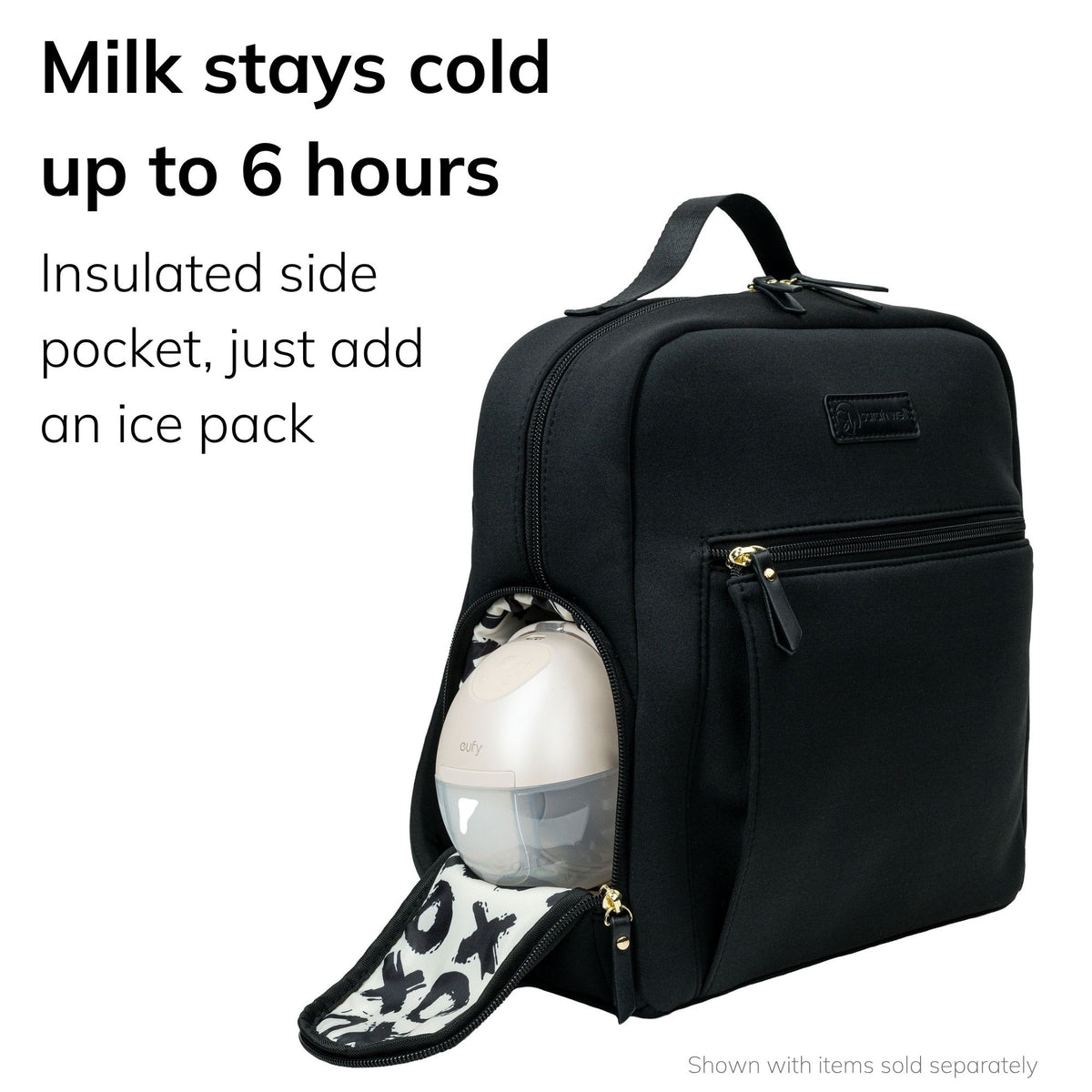 Sarah Wells Fifi mini pump backpack in black with bottles in the insulated side pocket, headline "Milk stays cold up to 6 hours"