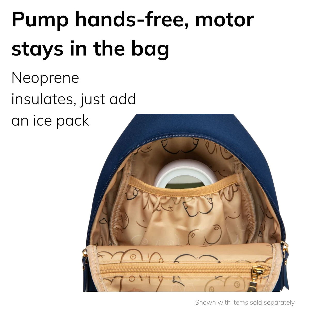 Sarah Wells Allie pump sling in Royal Blue worn with the pump motor inside, headline "Pump hands-free, motor stays in the bag," subhead "Neoprene insulates, just add an ice pack"