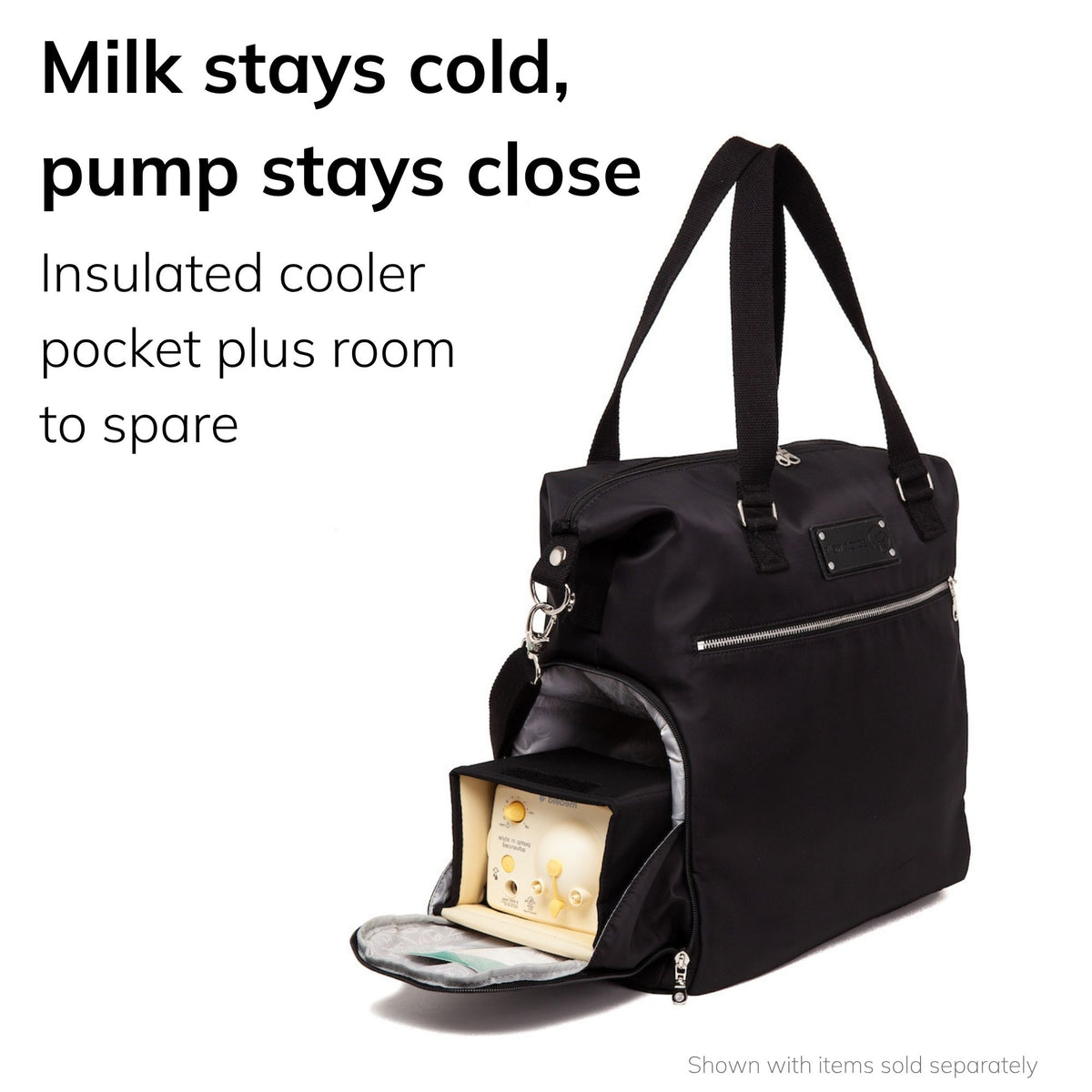 Sarah Wells Lizzy pump tote in Black with bottles in the insulated pocket and a roomy interior, headline "Milk stays cold, pump stays close"