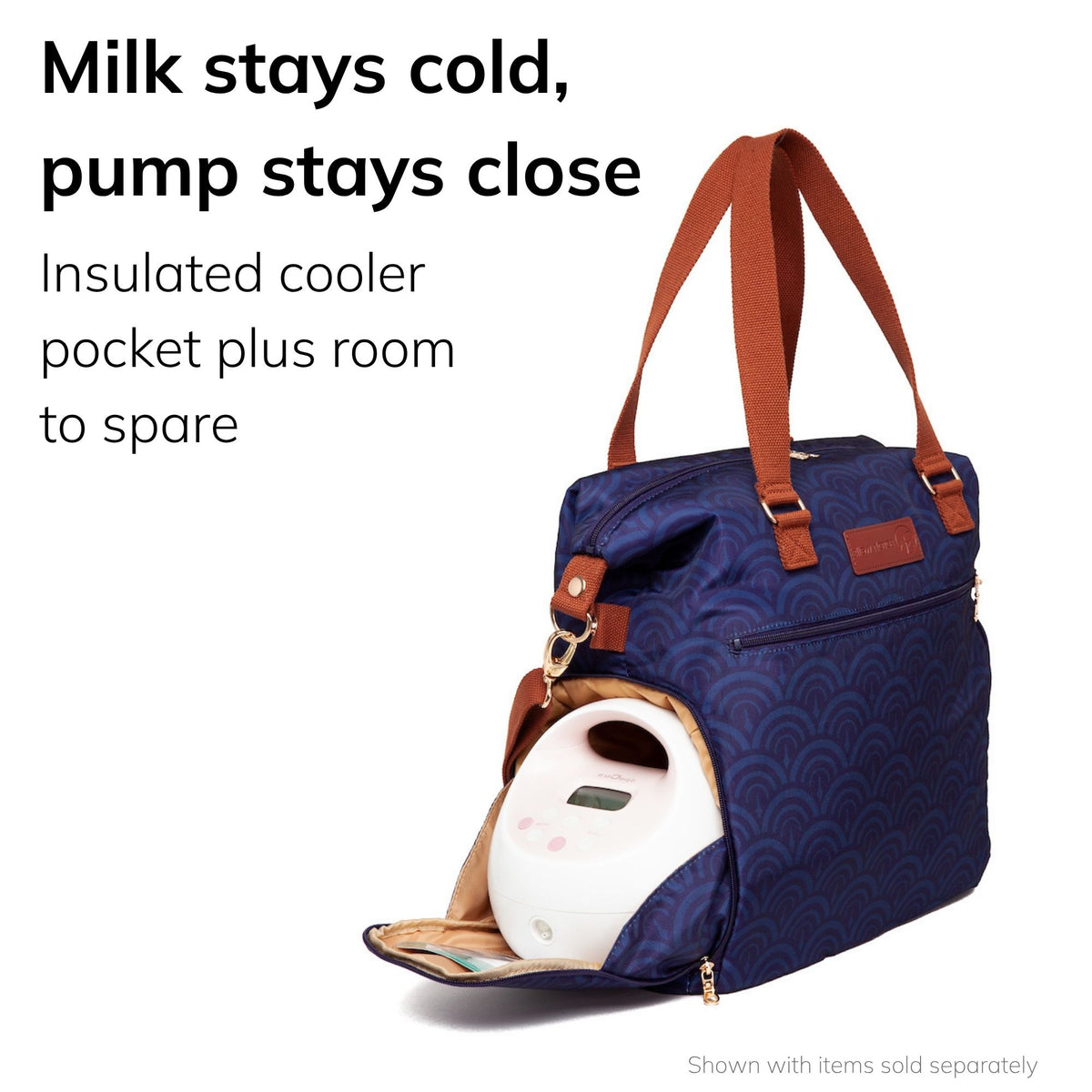 Sarah Wells Lizzy pump tote in Deco with bottles in the insulated pocket and a roomy interior, headline "Milk stays cold, pump stays close