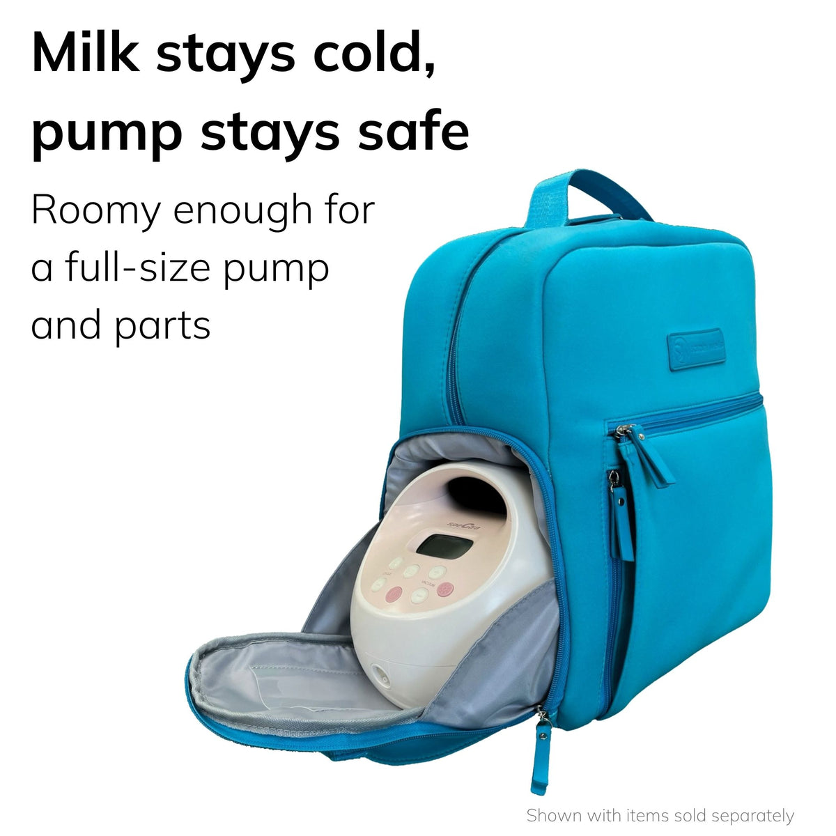 Sarah Wells Fiona pump backpack in Sky with the side pump pocket open and a pump inside, headline "Milk stays cold, pump stays safe"