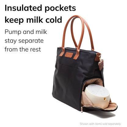 Sarah Wells Abby pump tote in black with a pump or bottles in the insulated pocket, headline "Insulated pockets keep milk cold," subhead "Pump and milk stay separate from the rest".