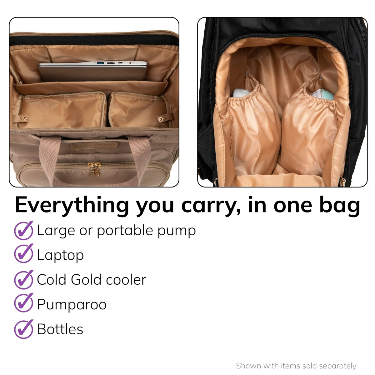 Interior and open-frame view of the Sarah Wells Norah pump backpack in latte, fits a large or portable pump, laptop, Cold Gold cooler, Pumparoo, and bottle. 