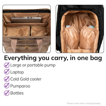 Interior and open-frame view of the Sarah Wells Norah pump backpack in latte, fits a large or portable pump, laptop, Cold Gold cooler, Pumparoo, and bottle. 