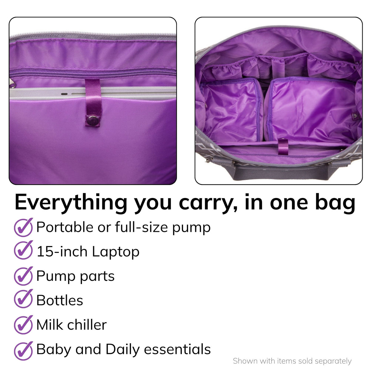 Interior of the Sarah Wells Lizzy pump tote in gray, fits a portable or full-size pump, 15-inch laptop, pump parts, bottles, milk chiller, and baby and daily essentials