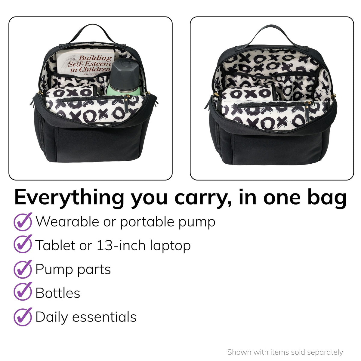Interior of the Sarah Wells Fifi mini pump backpack in black, fits a wearable or portable pump, tablet or 13-inch laptop, pump parts, bottles, and daily essentials