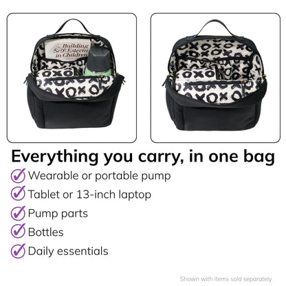 Interior of the Sarah Wells Fifi mini pump backpack in black, fits a wearable or portable pump, tablet or 13-inch laptop, pump parts, bottles, and daily essentials