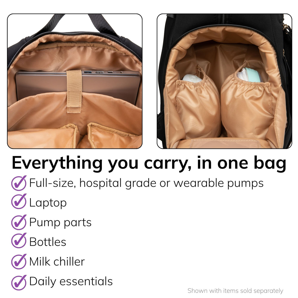 Interior of the Sarah Wells Fiona pump backpack in Black showing the laptop pocket and pump pockets, fits a full-size or wearable pump, laptop, pump parts, bottles, milk chiller, and daily essentials