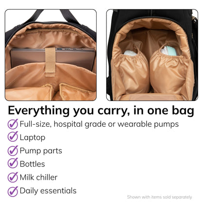 Interior of the Sarah Wells Fiona pump backpack in Black showing the laptop pocket and pump pockets, fits a full-size or wearable pump, laptop, pump parts, bottles, milk chiller, and daily essentials