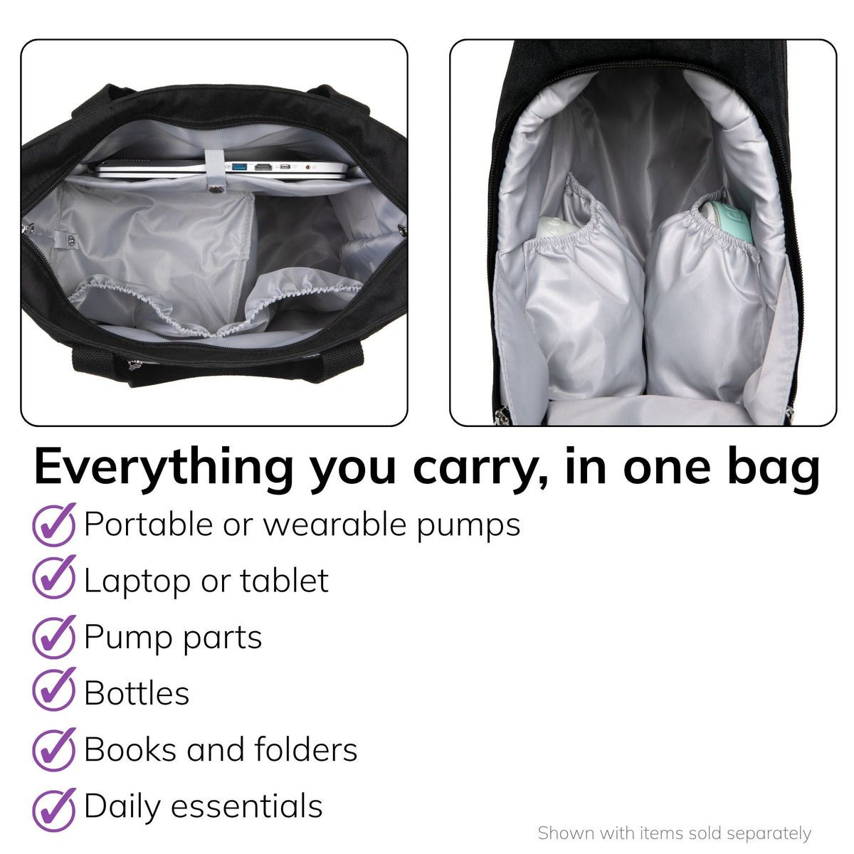 Interior of the Sarah Wells Suzy pump tote in Black, fits a portable or wearable pump, laptop or tablet, pump parts, bottles, books and folders, and daily essentials