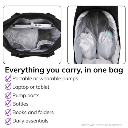 Interior of the Sarah Wells Suzy pump tote in Black, fits a portable or wearable pump, laptop or tablet, pump parts, bottles, books and folders, and daily essentials