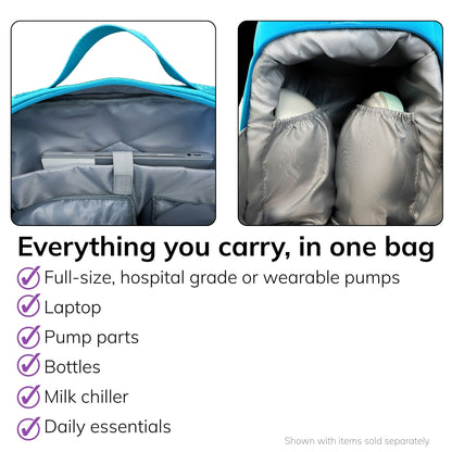 Interior of the Sarah Wells Fiona pump backpack in Sky showing the laptop pocket and pump pockets, fits a full-size or wearable pump, laptop, pump parts, bottles, milk chiller, and daily essentials