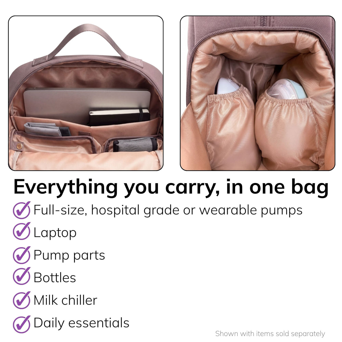 Interior of the Sarah Wells Fiona pump backpack in Earth showing the laptop pocket and pump pockets, fits a full-size or wearable pump, laptop, pump parts, bottles, milk chiller, and daily essentials