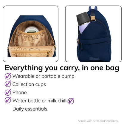 Interior of the Sarah Wells Allie pump sling in Royal Blue, fits a wearable or portable pump, collection cups, phone, water bottle or milk chiller, and daily essentials
