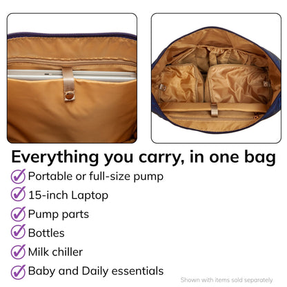 Interior of the Sarah Wells Lizzy pump tote in Deco, fits a portable or full-size pump, 15-inch laptop, pump parts, bottles, milk chiller, and baby and daily essentials