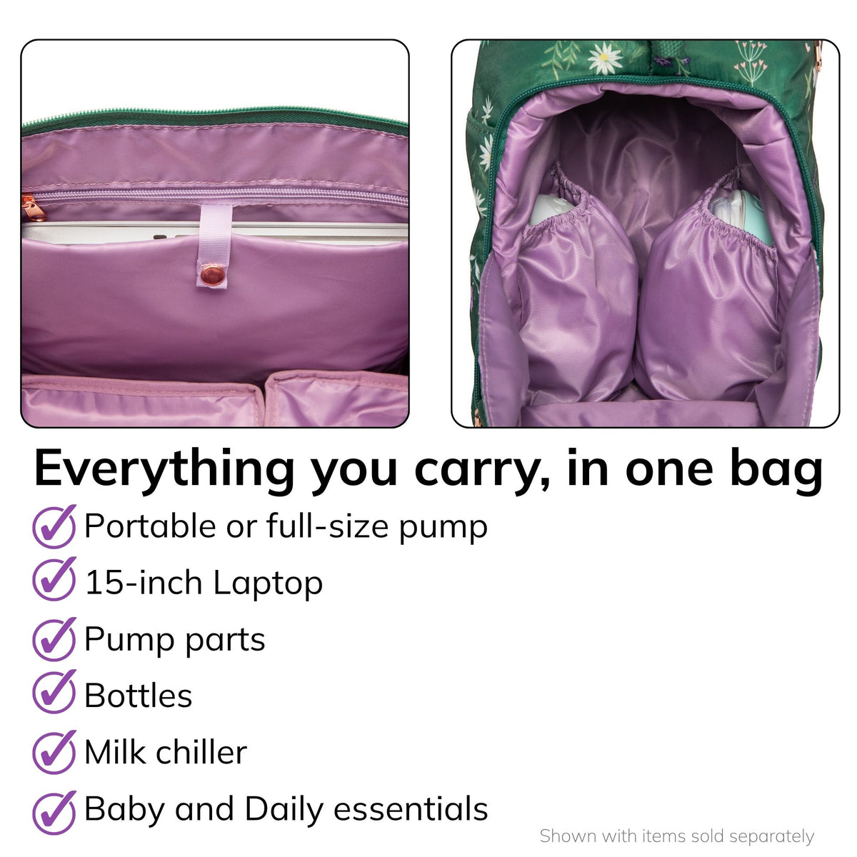 Interior of the Sarah Wells Lizzy pump tote in olive, fits a portable or full-size pump, 15-inch laptop, pump parts, bottles, milk chiller, and baby and daily essentials