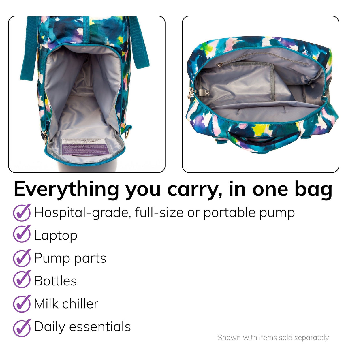Interior of the Sarah Wells Kelly pump bag in aquarelle, fits a hospital-grade, full-size, or portable pump, laptop, pump parts, bottles, milk chiller, and daily essentials