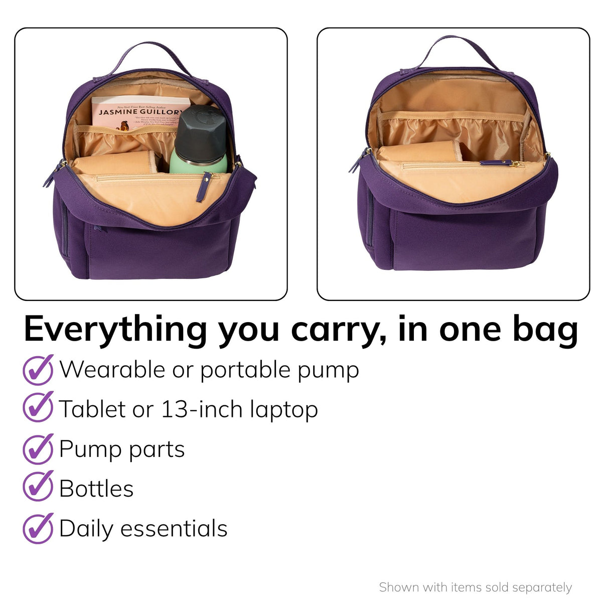 Interior of the Sarah Wells Fifi mini pump backpack in Purple, fits a wearable or portable pump, tablet or 13-inch laptop, pump parts, bottles, and daily essentials