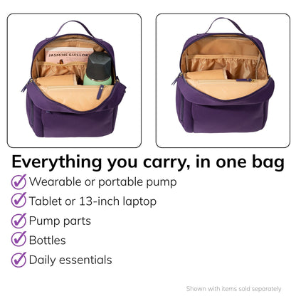 Interior of the Sarah Wells Fifi mini pump backpack in Purple, fits a wearable or portable pump, tablet or 13-inch laptop, pump parts, bottles, and daily essentials