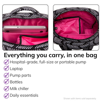 Interior of the Sarah Wells Kelly pump bag in Black &amp; White, fits a hospital-grade, full-size, or portable pump, laptop, pump parts, bottles, milk chiller, and daily essentials