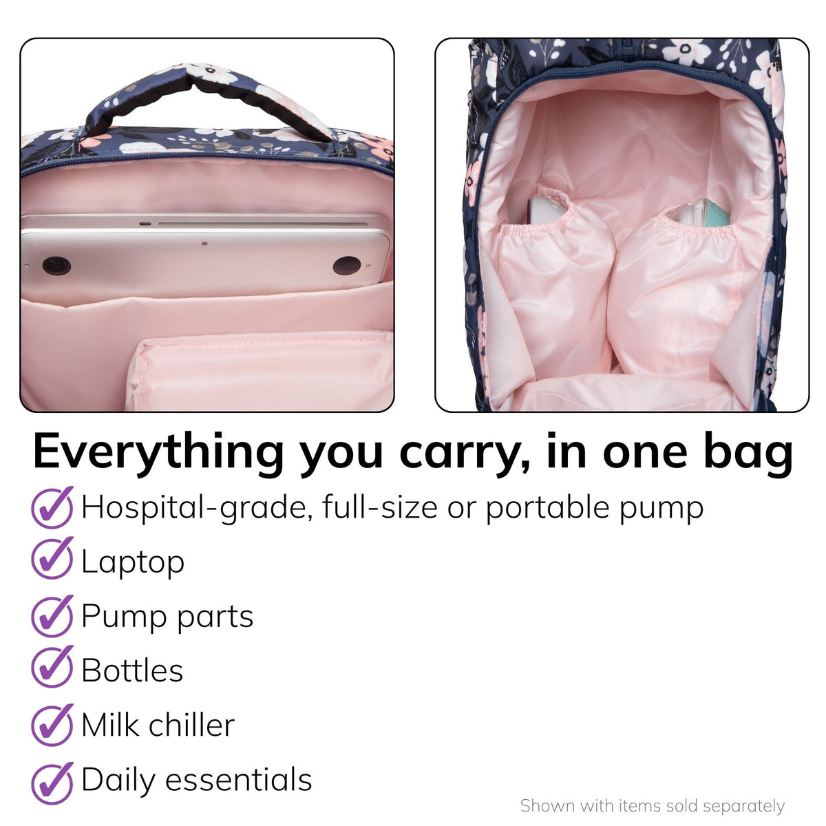 Interior of the Sarah Wells Kelly pump bag in le floral, fits a hospital-grade, full-size, or portable pump, laptop, pump parts, bottles, milk chiller, and daily essentials