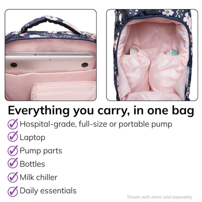 Interior of the Sarah Wells Kelly pump bag in le floral, fits a hospital-grade, full-size, or portable pump, laptop, pump parts, bottles, milk chiller, and daily essentials