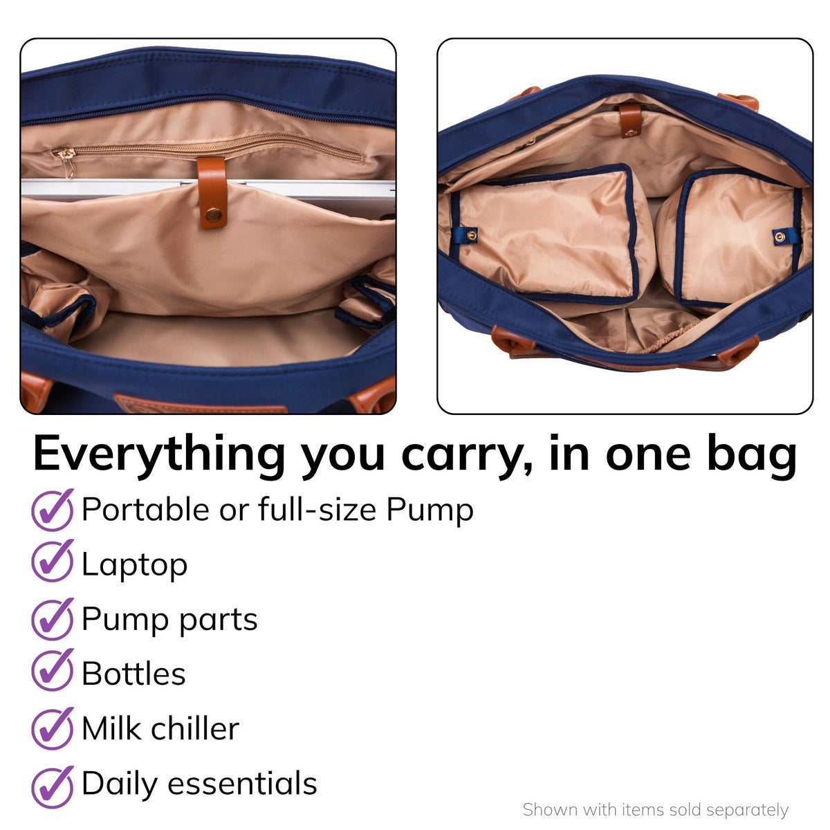 Interior of the Sarah Wells Abby pump tote in navy, fits a portable or full-size pump, laptop, pump parts, bottles, milk chiller, and daily essentials