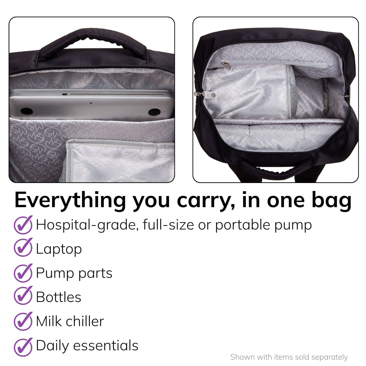 Interior of the Sarah Wells Kelly pump bag in Black, fits a hospital-grade, full-size, or portable pump, laptop, pump parts, bottles, milk chiller, and daily essentials.
