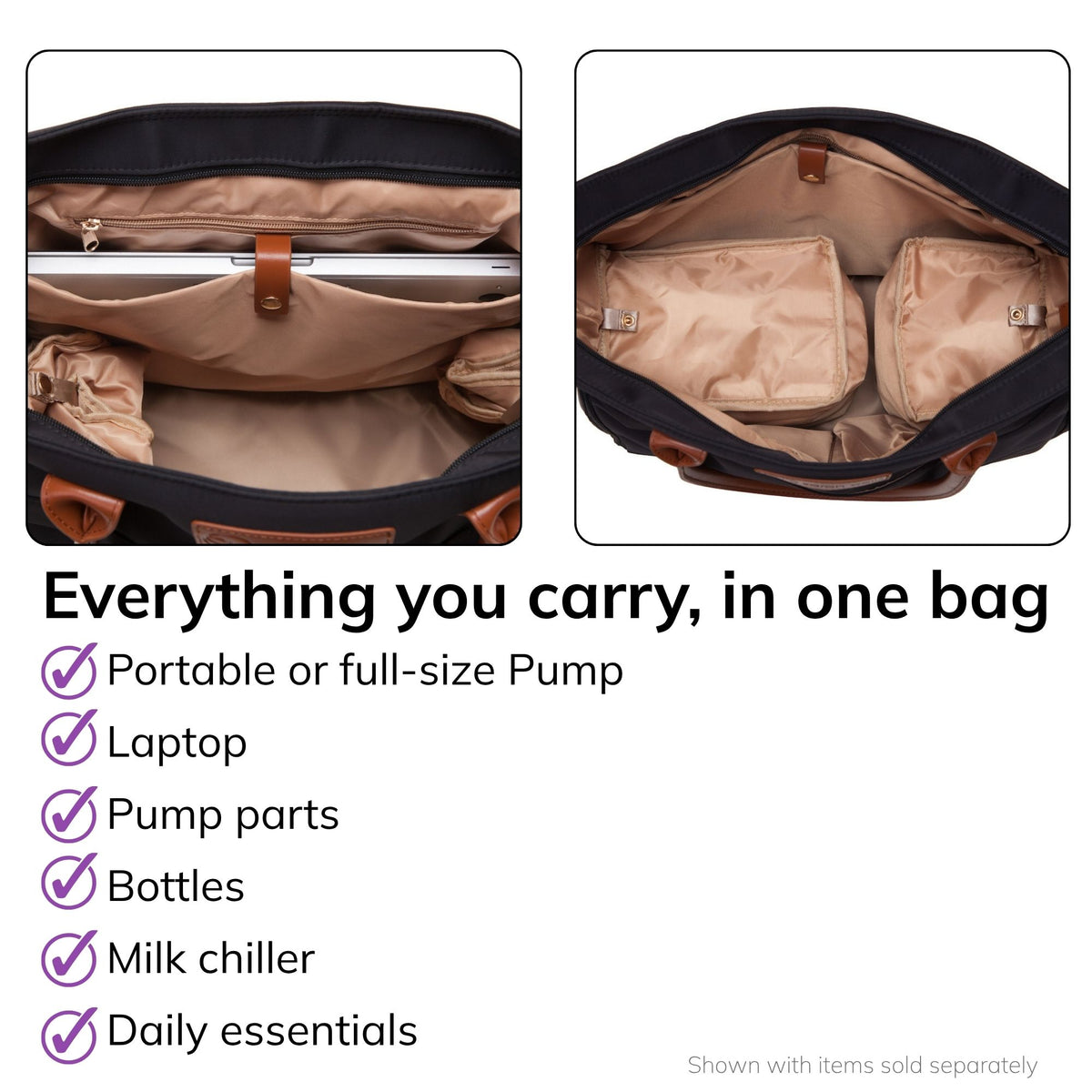 Interior of the Sarah Wells Abby pump tote in black, fits a portable or full-size pump, laptop, pump parts, bottles, milk chiller, and daily essentials.