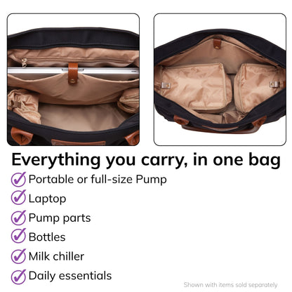Interior of the Sarah Wells Abby pump tote in black, fits a portable or full-size pump, laptop, pump parts, bottles, milk chiller, and daily essentials.