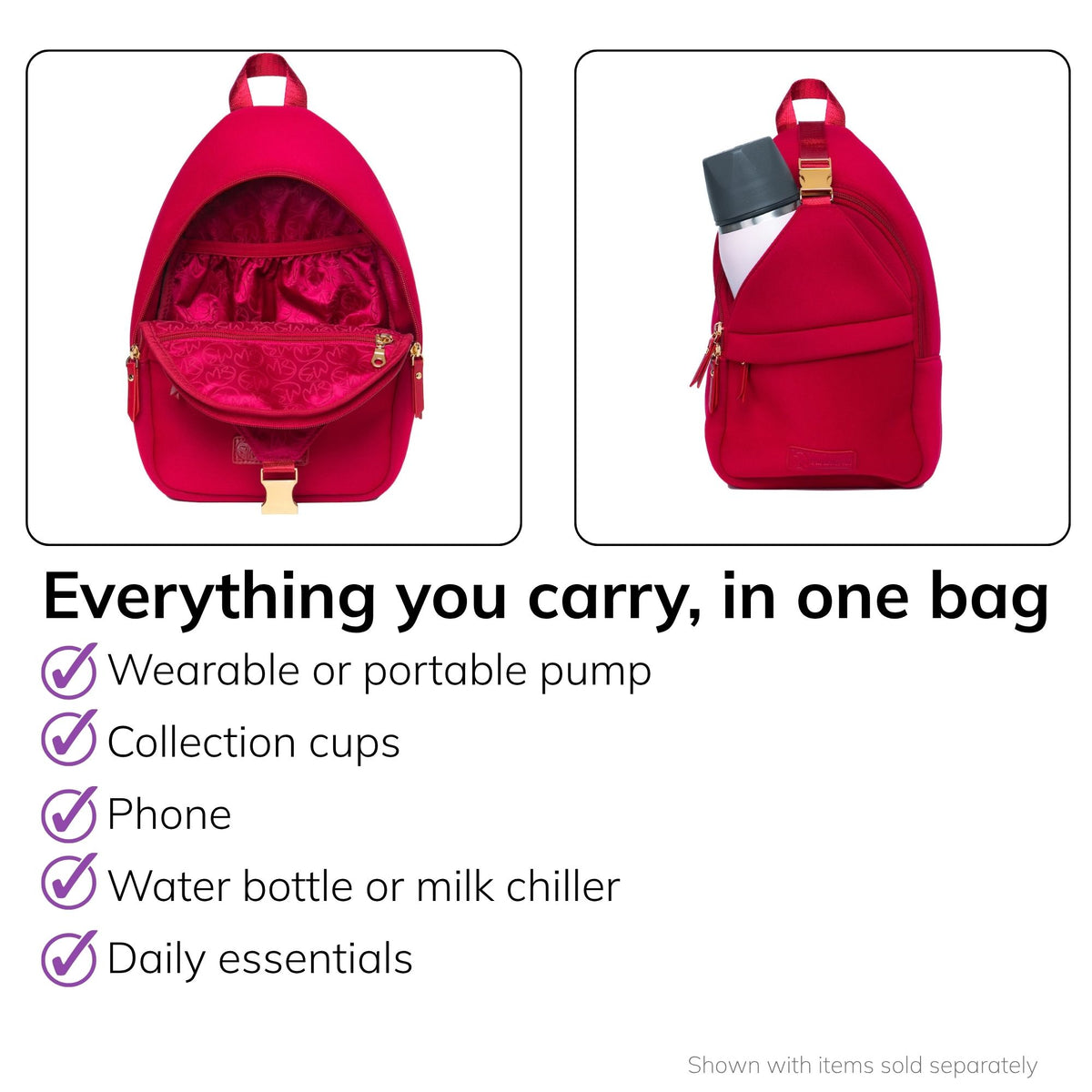 Interior of the Sarah Wells Allie pump sling in Ruby, fits a wearable or portable pump, collection cups, phone, water bottle or milk chiller, and daily essentials