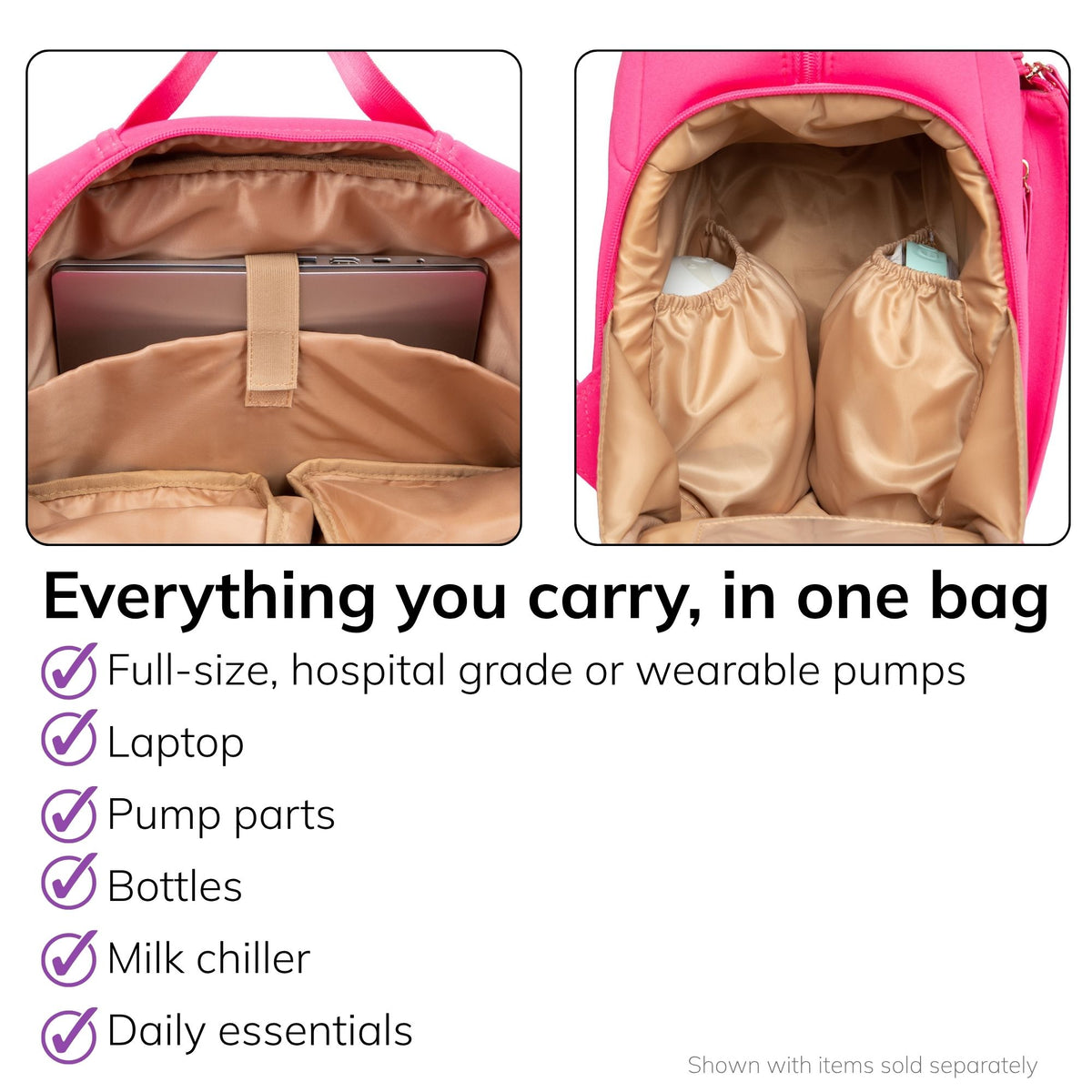Interior of the Sarah Wells Fiona pump backpack in hot pink showing the laptop pocket and pump pockets, fits a full-size or wearable pump, laptop, pump parts, bottles, milk chiller, and daily essentials