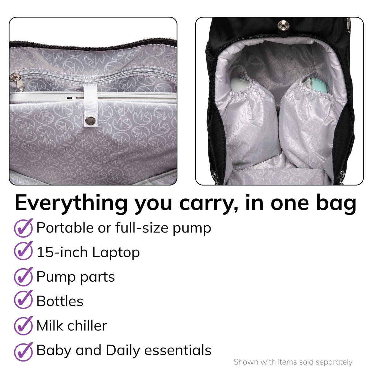 Interior of the Sarah Wells Lizzy pump tote in Black, fits a portable or full-size pump, 15-inch laptop, pump parts, bottles, milk chiller, and baby and daily essentials