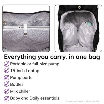 Interior of the Sarah Wells Lizzy pump tote in Black, fits a portable or full-size pump, 15-inch laptop, pump parts, bottles, milk chiller, and baby and daily essentials