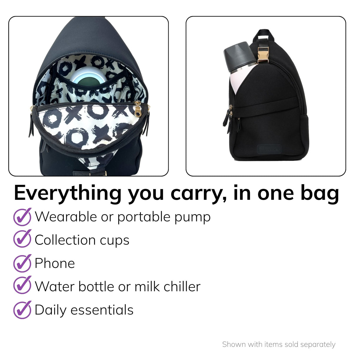 Interior of the Sarah Wells Allie pump sling in Black, fits a wearable or portable pump, collection cups, phone, water bottle or milk chiller, and daily essentials