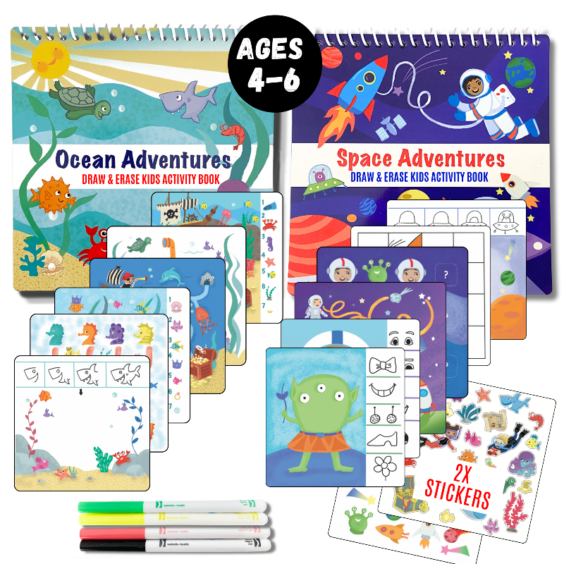 Small 7" Dry Erase Activity Book (incl. 2 Washable Markers &amp; Reusable Stickers)